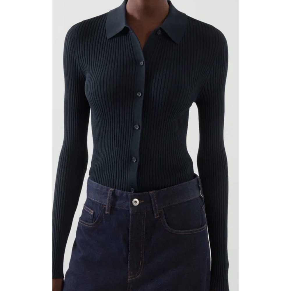 COS Navy Ribbed Sheer Stretch Button-Front Cardigan - Size Tag Missing